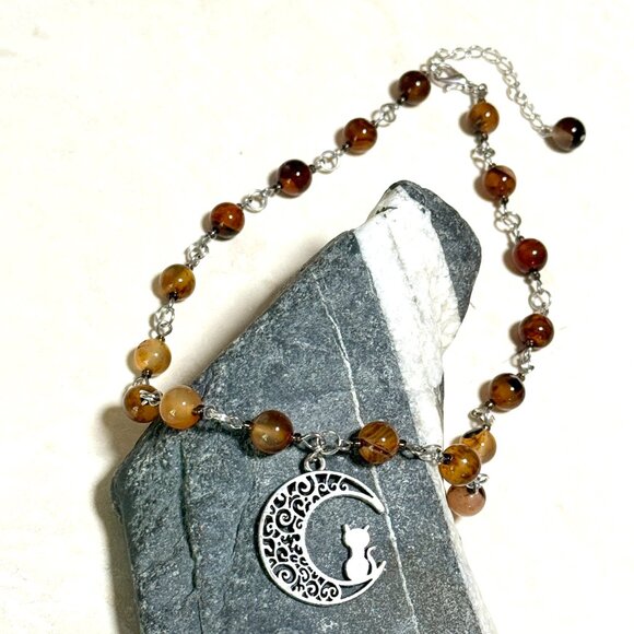 Genuine Earthy Carnelian Agate Short Necklace, Gemstone & Cat on the Moon Charm - Picture 4 of 15
